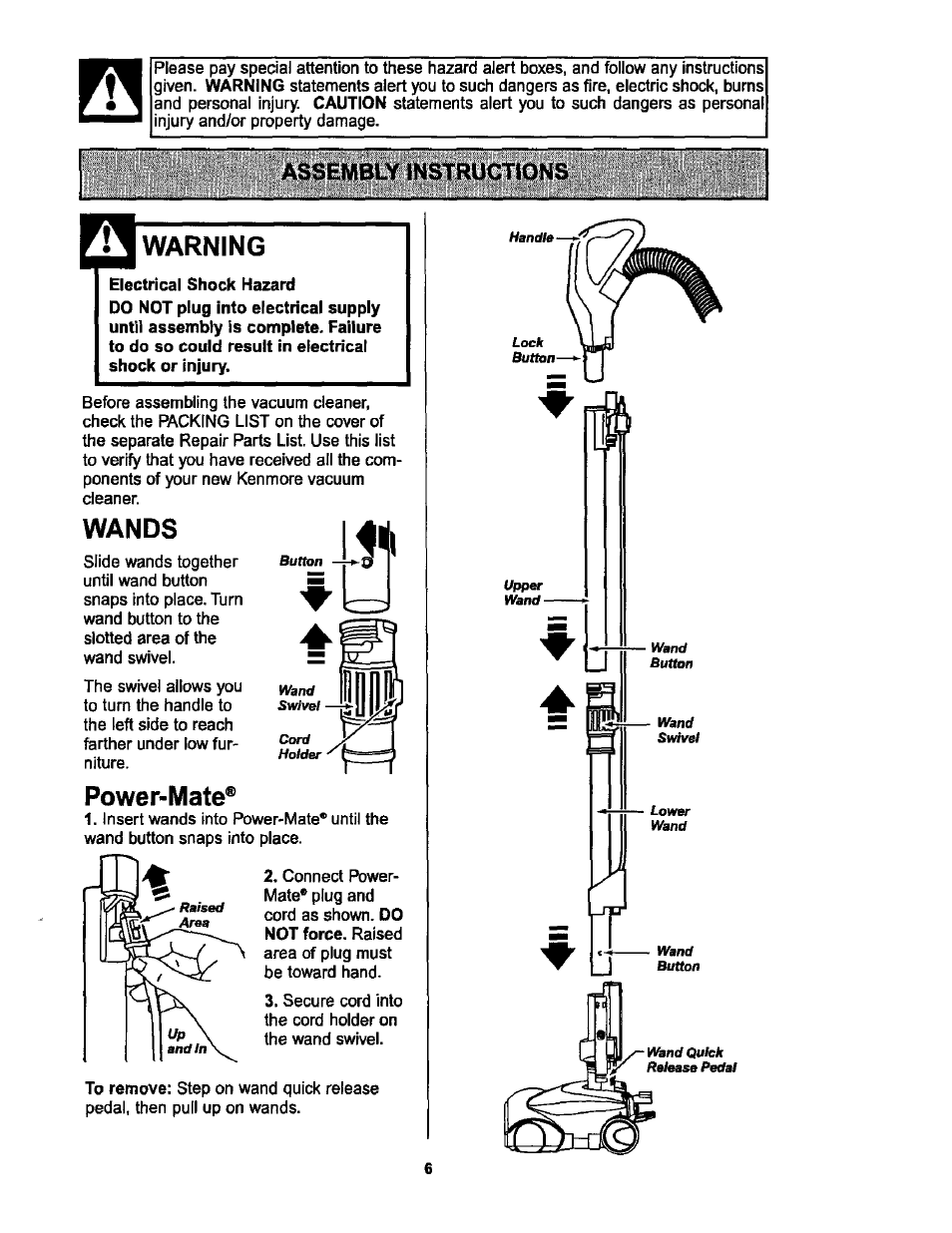 Assembly instructions, Warning, Wands | Power-mate, I ft | Kenmore 116.25513 User Manual | Page 6 / 40