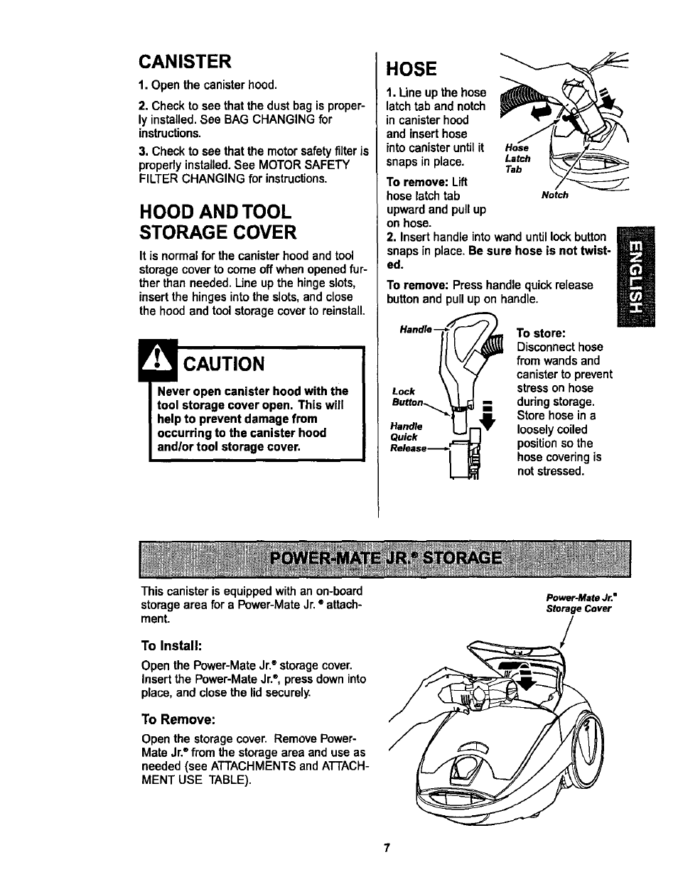 Canister, Hood and tool storage cover, Caution | Hose | Kenmore 116.25513 User Manual | Page 7 / 40