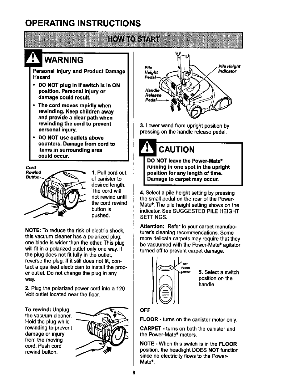 Operating instructions, How to start, Warning | Caution | Kenmore 116.25513 User Manual | Page 8 / 40