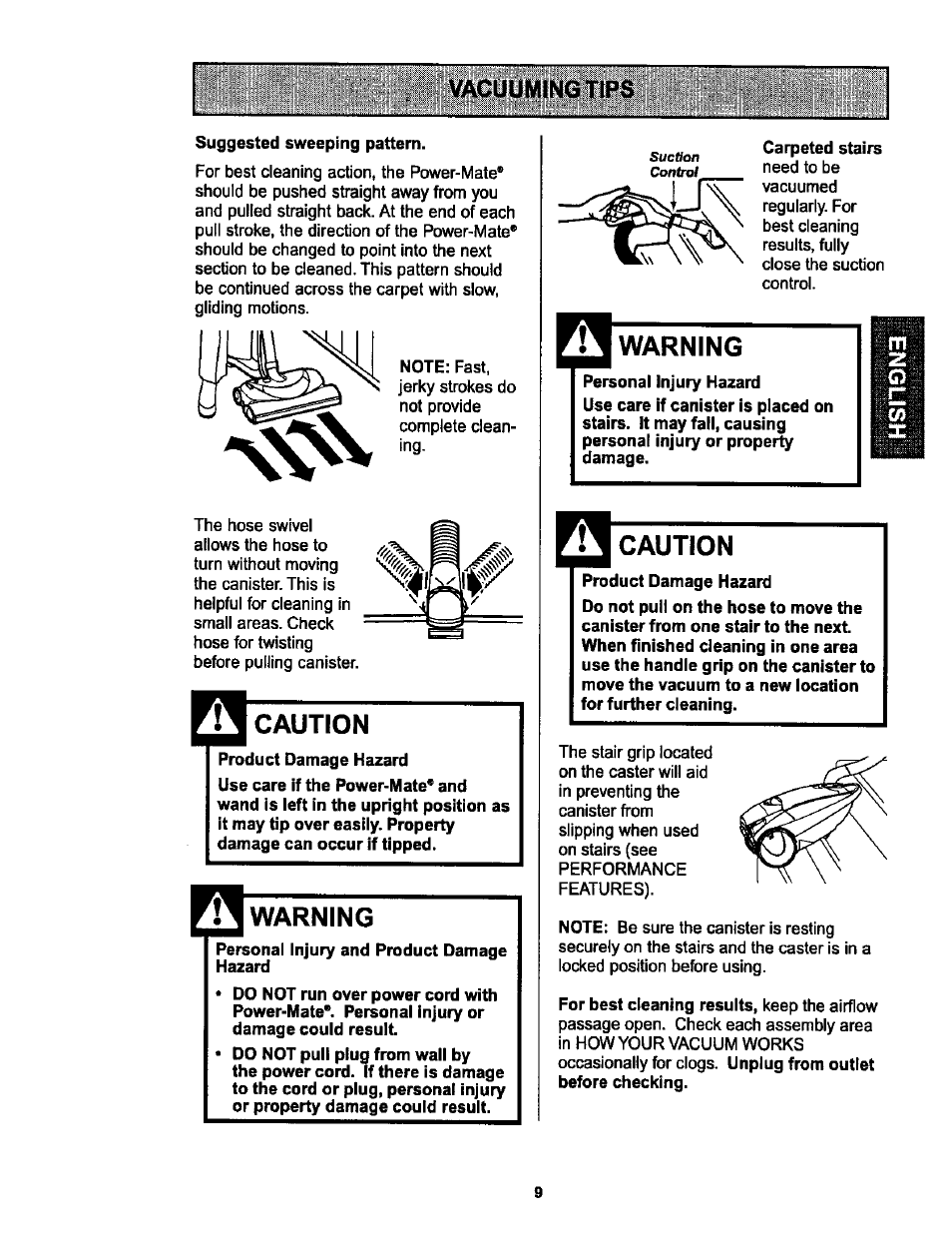 Vacuuming tips, Caution, Warning | Kenmore 116.25513 User Manual | Page 9 / 40