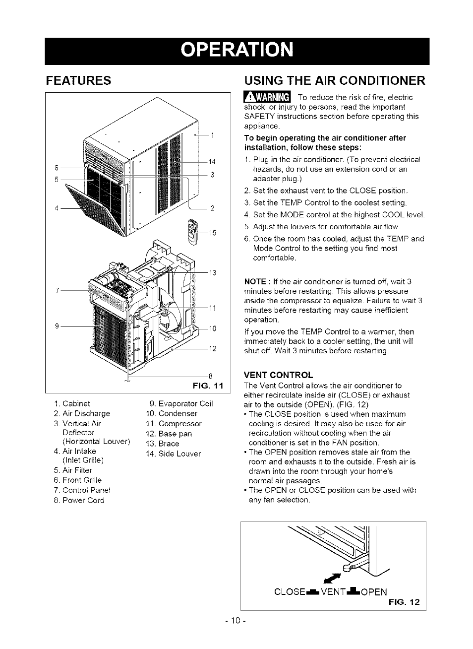 Using the air conditioner, Vent control, Operation | Features | Kenmore 580. 75063 User Manual | Page 10 / 32