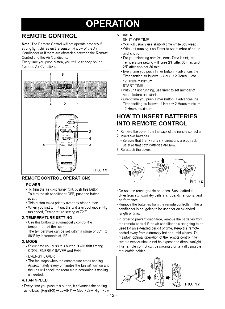 Remote control, Remote control operations, How to insert batteries into remote control | Operation, I> fs | Kenmore 580. 75063 User Manual | Page 12 / 32