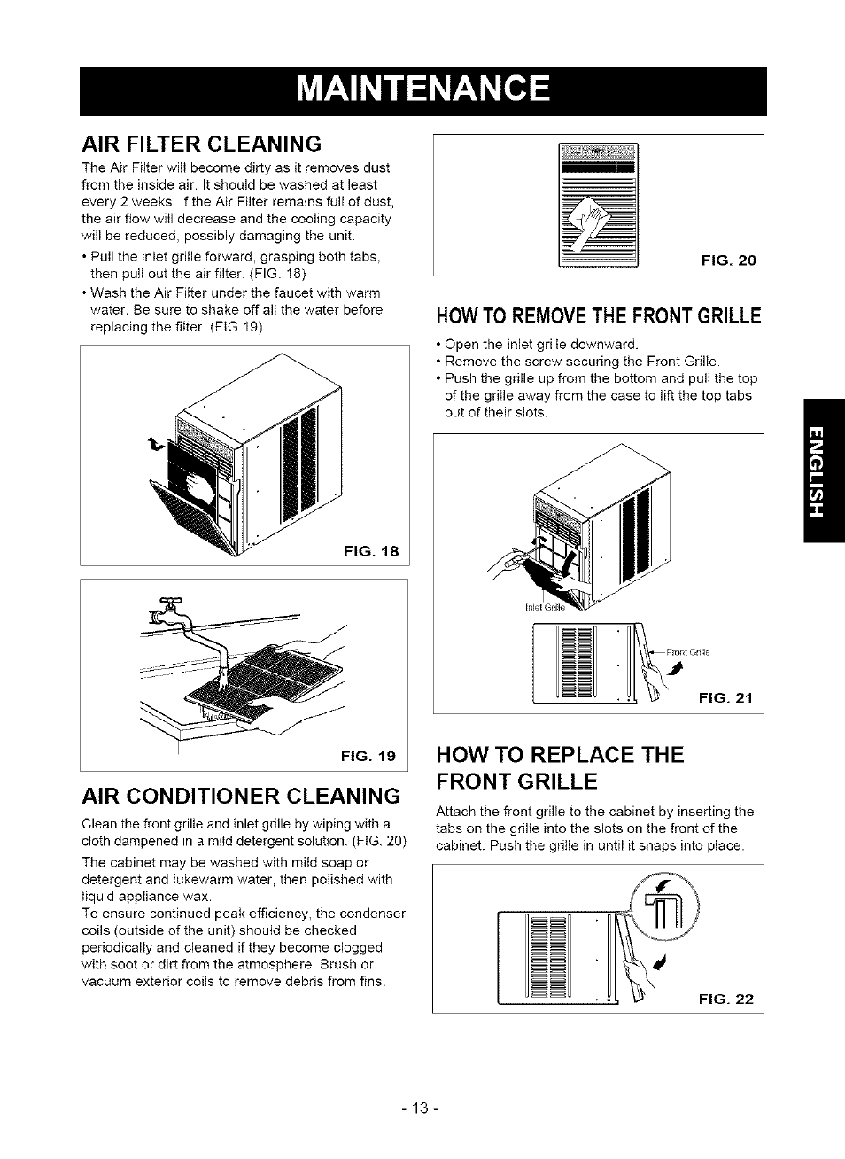 Maintenance, Air filter cleaning, Air conditioner cleaning | How to remove the front grille, How to replace the front grille | Kenmore 580. 75063 User Manual | Page 13 / 32