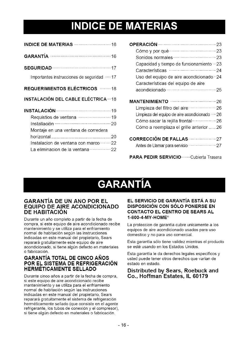 Indice de materias, Garantia | Kenmore 580. 75063 User Manual | Page 16 / 32