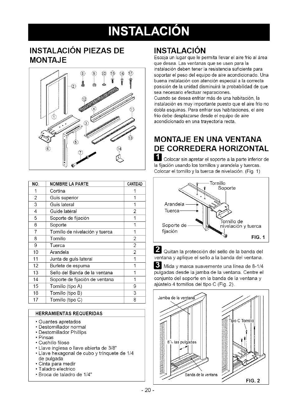 Instalacion piezas de montaje, Instalacion, Montaje en una ventana de corredera horizontal | Instalación | Kenmore 580. 75063 User Manual | Page 20 / 32