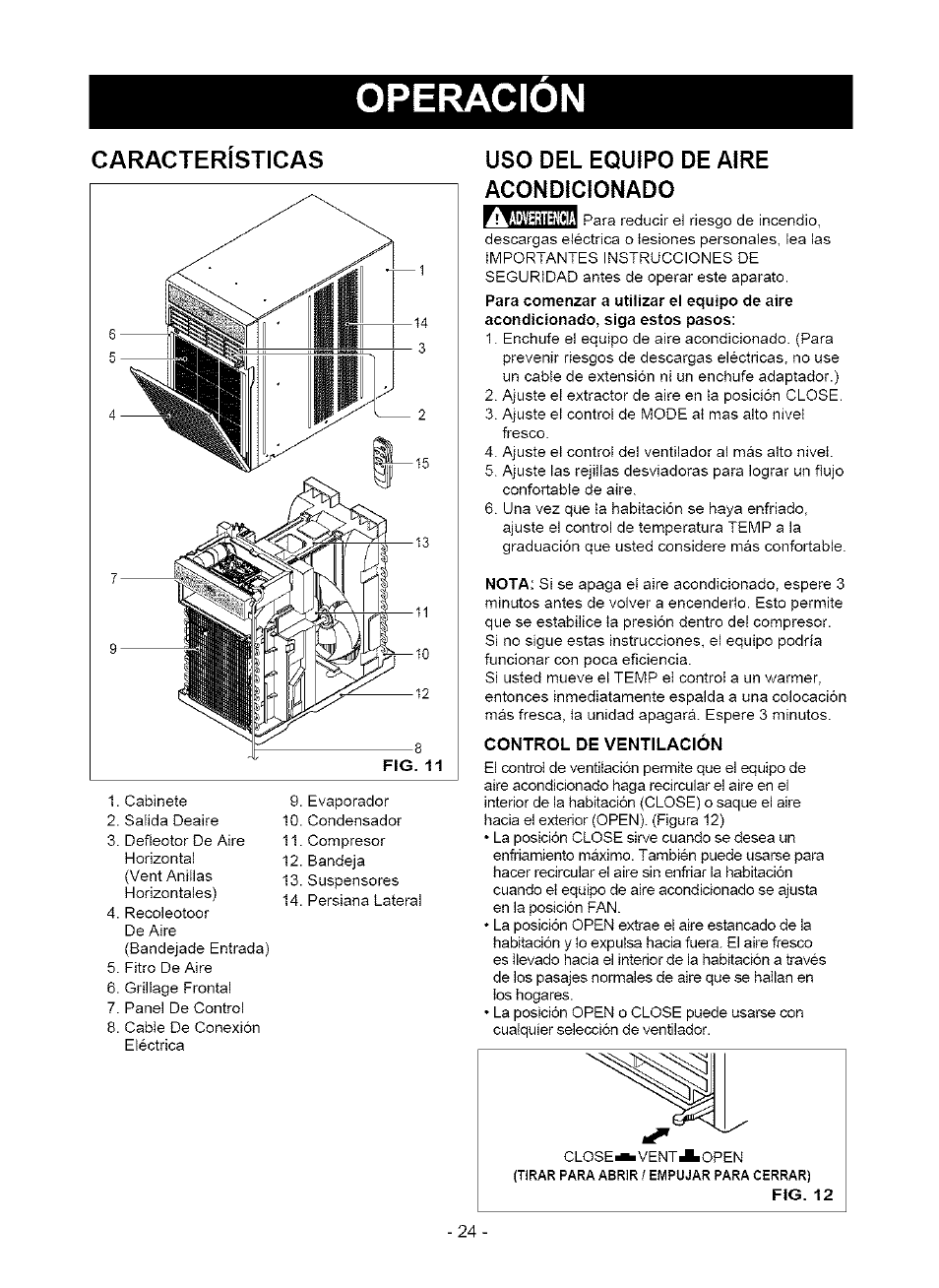 Uso del equipo de aire acondicionado, Control de ventilación, Operacion | Caracteristicas | Kenmore 580. 75063 User Manual | Page 24 / 32