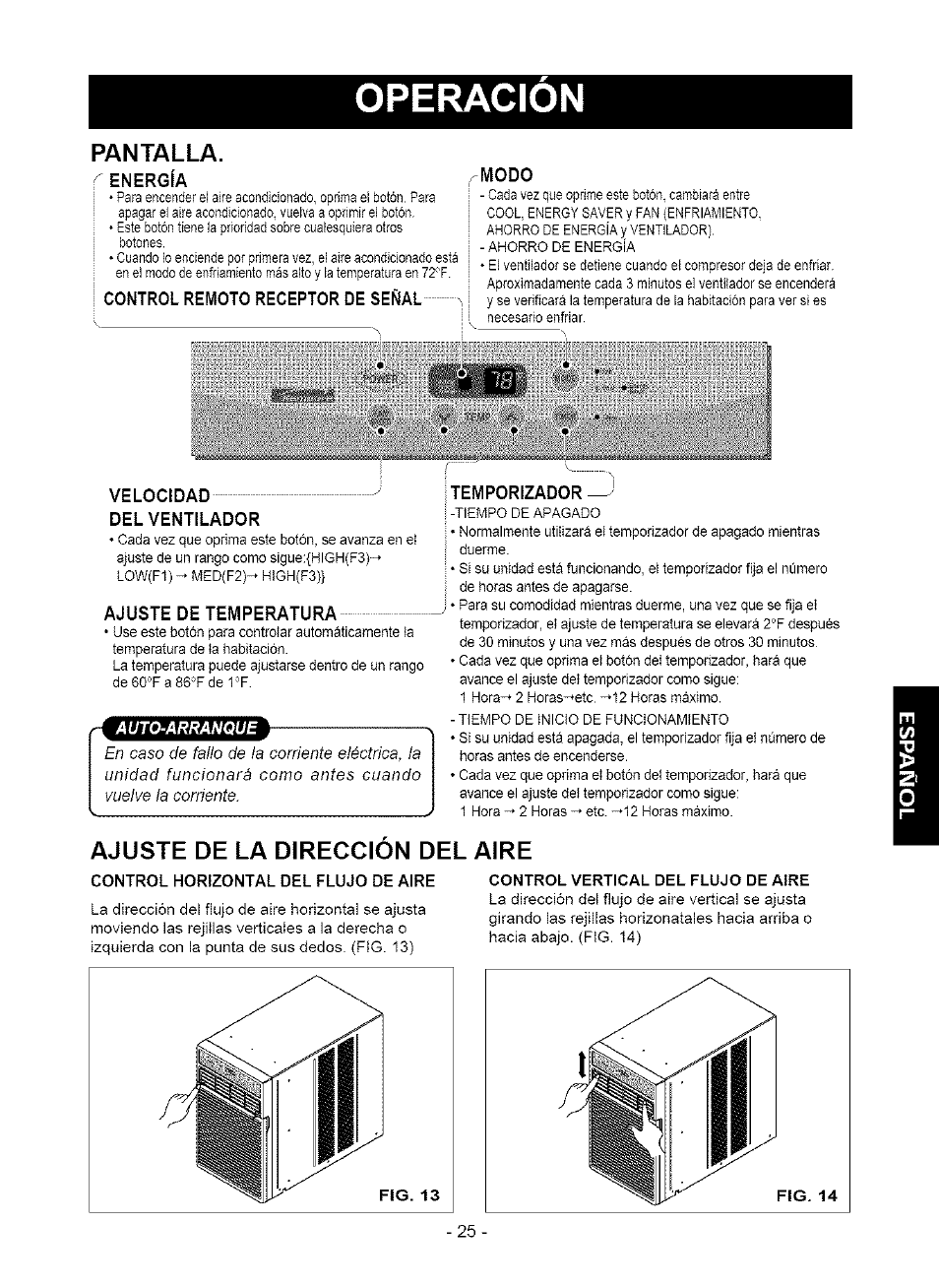 Pantalla, Ajuste de la direccion del aire, Control horizontal del flujo de aire | Operacion | Kenmore 580. 75063 User Manual | Page 25 / 32