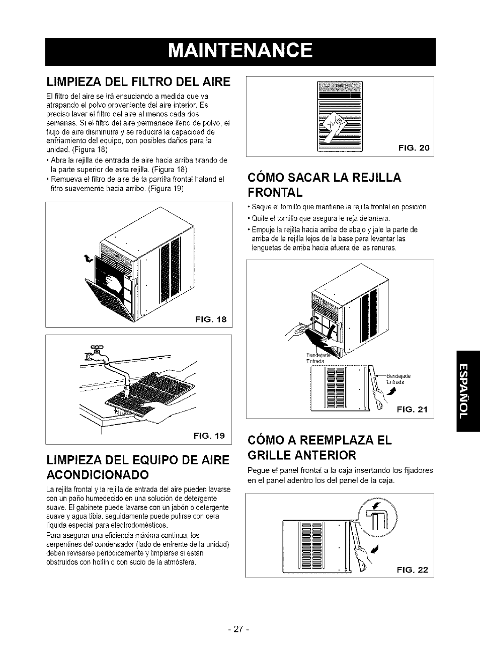 Maintenance, Limpieza del filtro del aire, Limpieza del equipo de aire acondicionado | Como sacar la rejilla frontal, Como a reemplaza el grille anterior | Kenmore 580. 75063 User Manual | Page 27 / 32