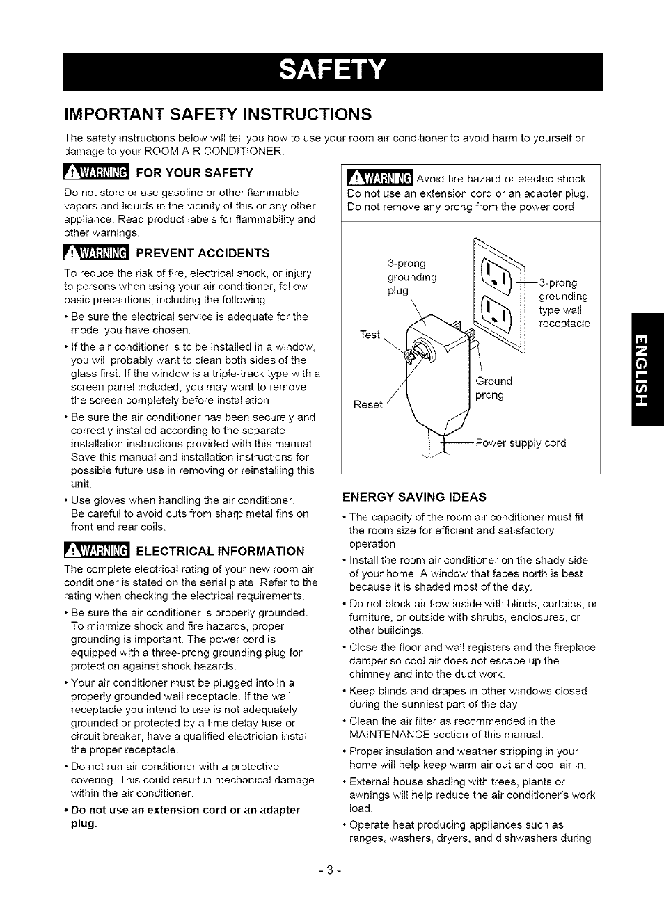 Safety, Important safety instructions, For your safety | Prevent accidents, Electrical information, Energy saving ideas | Kenmore 580. 75063 User Manual | Page 3 / 32