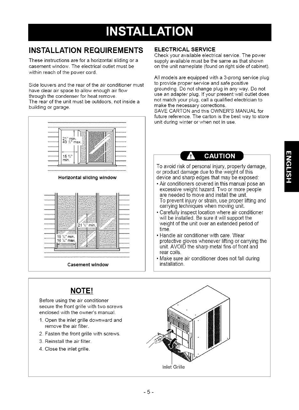 Installation requirements, Electrical service, A caution | Note, Installation | Kenmore 580. 75063 User Manual | Page 5 / 32