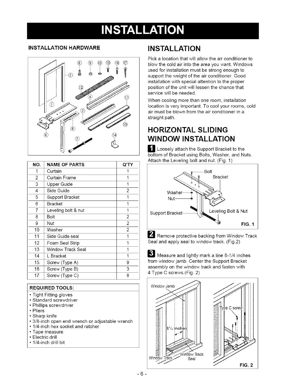 Installation hardware, Installation, Horizontal sliding window installation | Kenmore 580. 75063 User Manual | Page 6 / 32