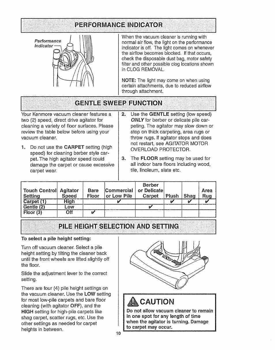 Gentle sweep function, Caution, Pile height selection and setting | Performance indicator | Kenmore 116.35923 User Manual | Page 10 / 44