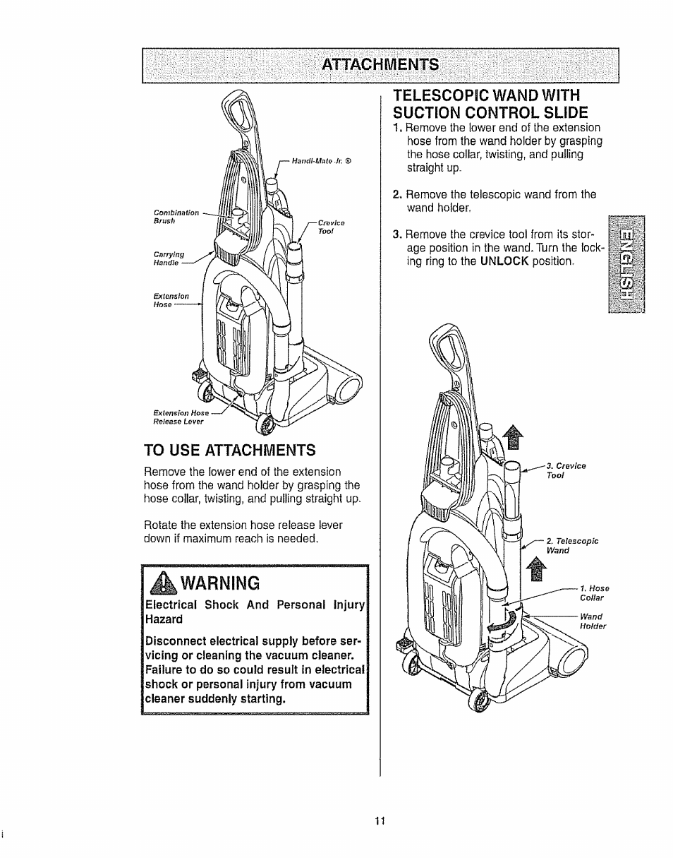 10 use armchments, Warning, Telescopic wand with suction control slide | Attachments, Use armchments | Kenmore 116.35923 User Manual | Page 11 / 44