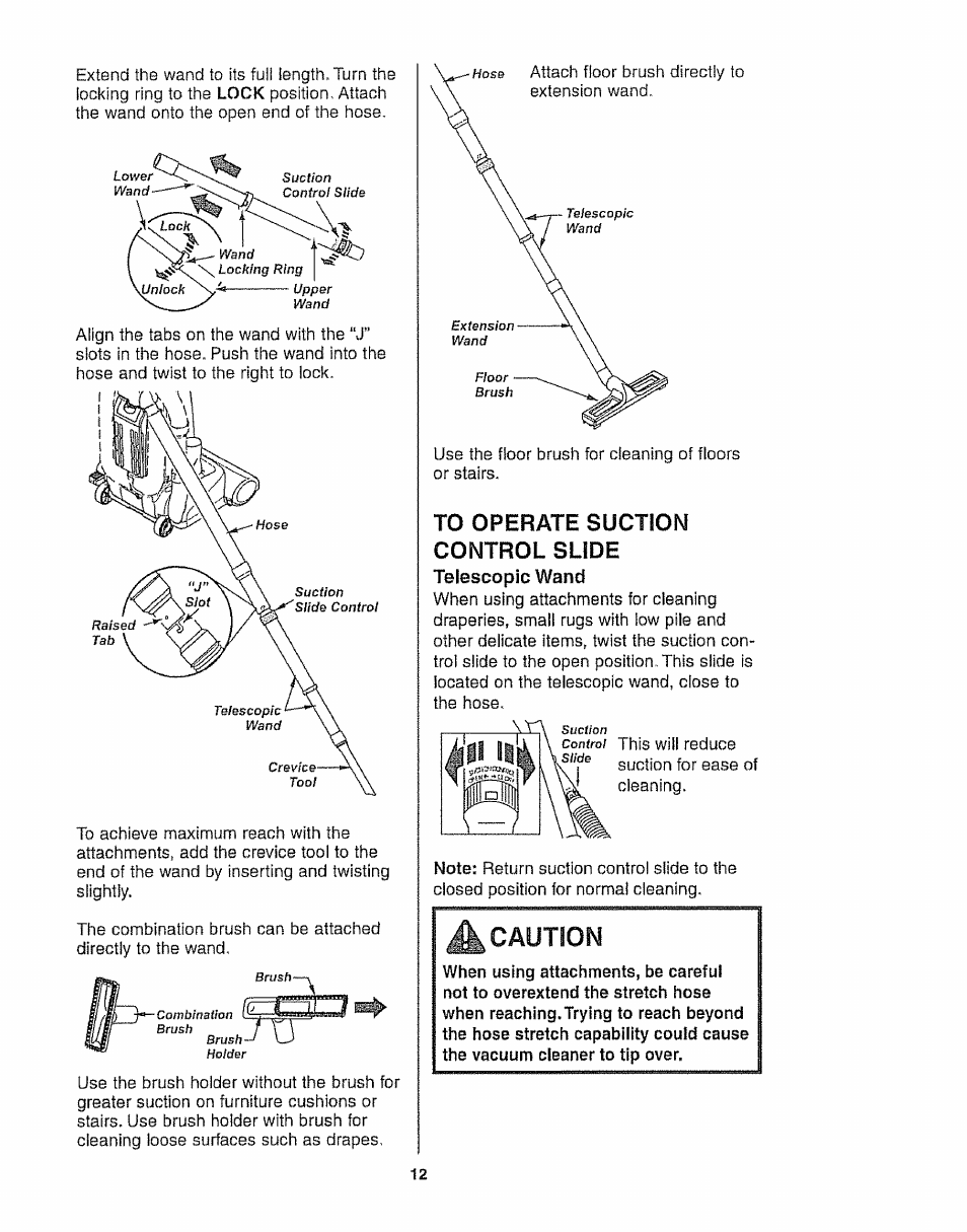 To operate suction control slide telescopic wand, Caution | Kenmore 116.35923 User Manual | Page 12 / 44