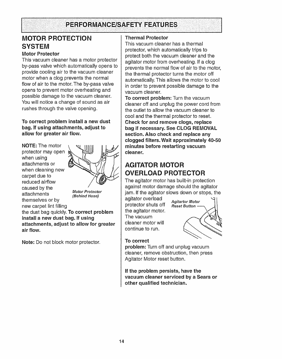 Motor protection system, Overload protector, Performance/safety features | Kenmore 116.35923 User Manual | Page 14 / 44