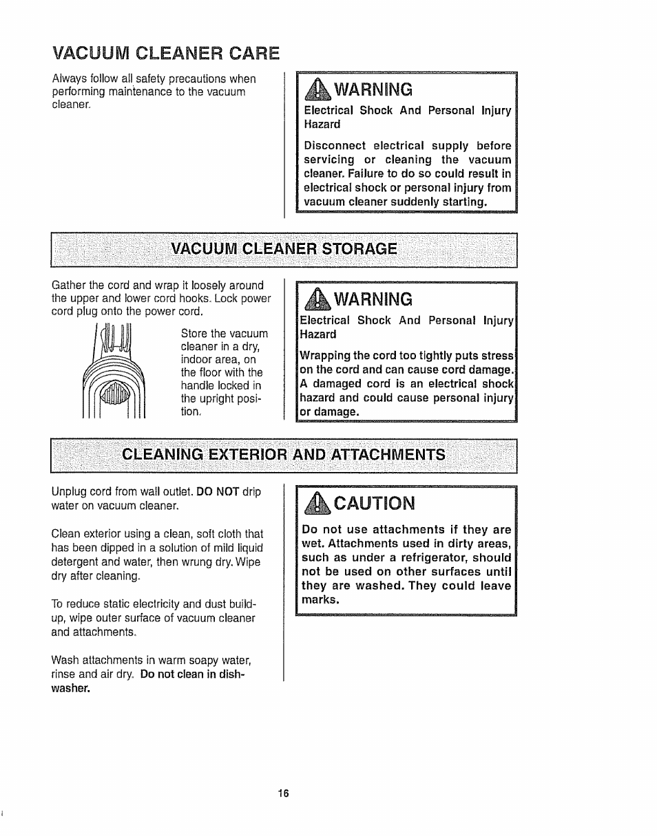 Warning, Vacuum cleaner storage, Cleaning exterior and attachments | Vacuum cleaner care, Caution | Kenmore 116.35923 User Manual | Page 16 / 44