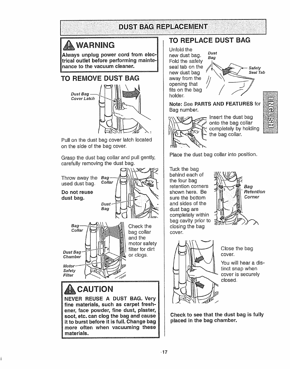 A warning, To remove dust bag, To replace dust bag | Caution | Kenmore 116.35923 User Manual | Page 17 / 44