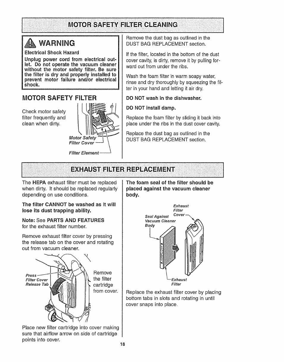 Motor safety filter, Exhaust filter replacement, Warning | Kenmore 116.35923 User Manual | Page 18 / 44