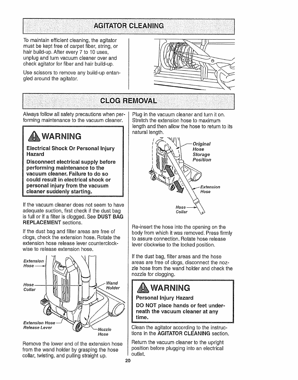 Clog removal, A warming, Warning | Kenmore 116.35923 User Manual | Page 20 / 44