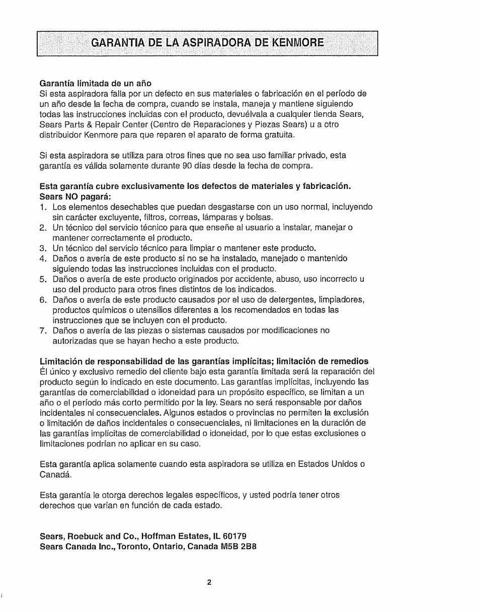 Garantia de la aspiradora de kenmore | Kenmore 116.35923 User Manual | Page 24 / 44