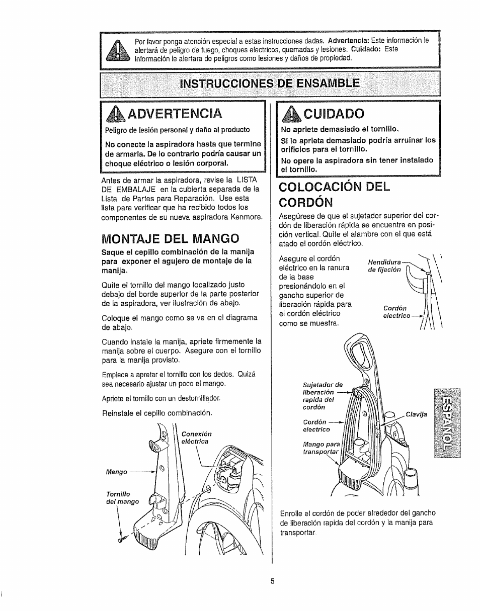 Instrucciones de ensamble, Montaje del mango, Cuidado | Colocación del cordón, Advertencia | Kenmore 116.35923 User Manual | Page 27 / 44