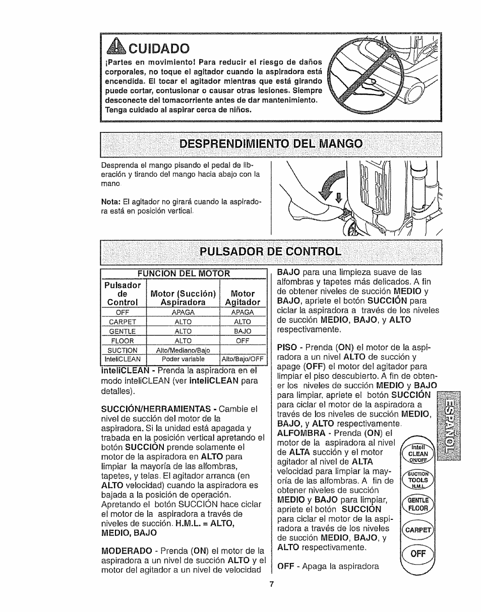 Ж cuidado, Desprendimiento del mango, Pulsador de control | Medio, bajo | Kenmore 116.35923 User Manual | Page 29 / 44