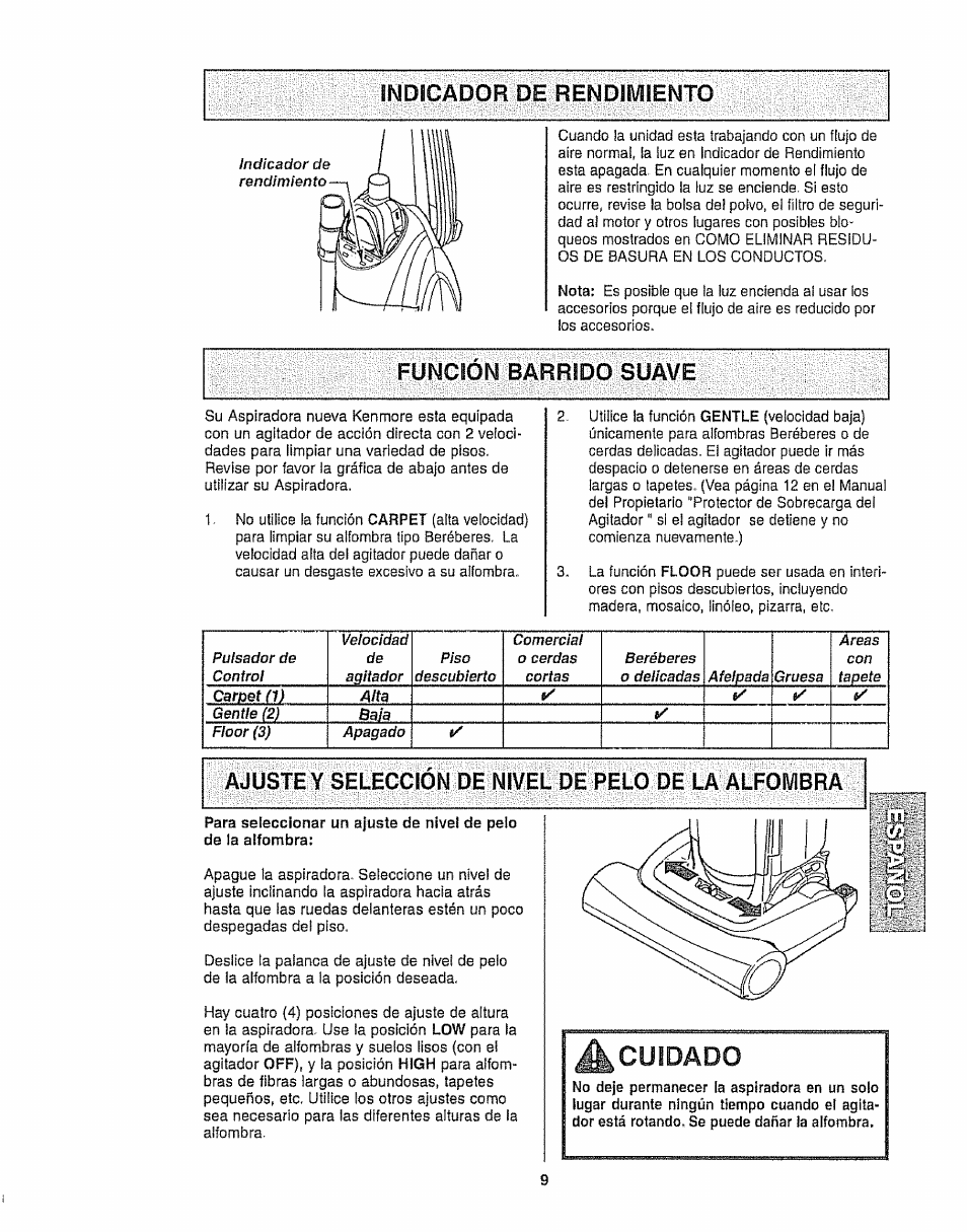 Ajuste y seleccion de nivel de pelo de la alfombra, A cuidado, Cuidado | Kenmore 116.35923 User Manual | Page 31 / 44