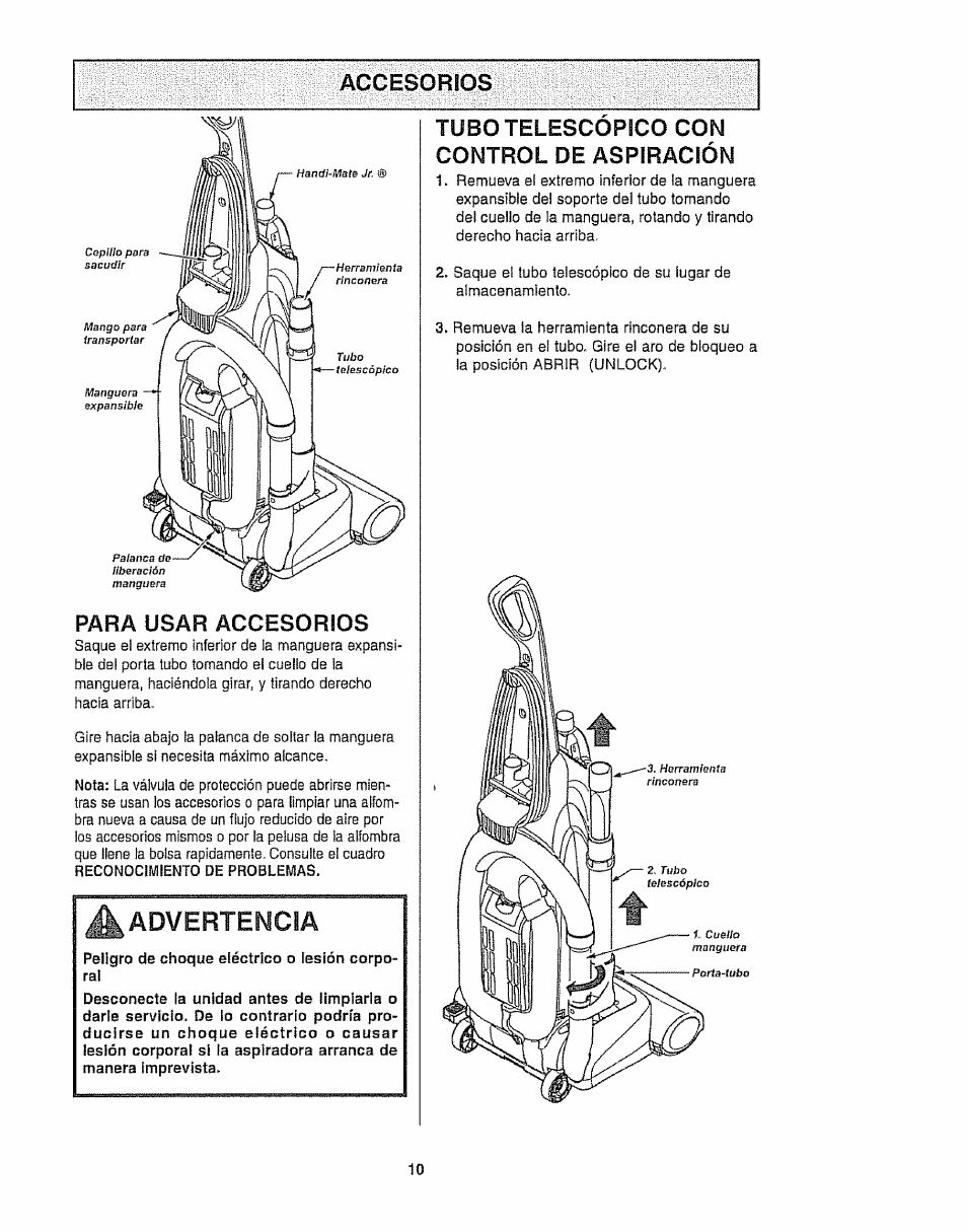 Accesorios, Para usar accesorios, Peligro de choque eléctrico o lesión corporal | Tubo telescopico con control de aspiración, Advertencia | Kenmore 116.35923 User Manual | Page 32 / 44