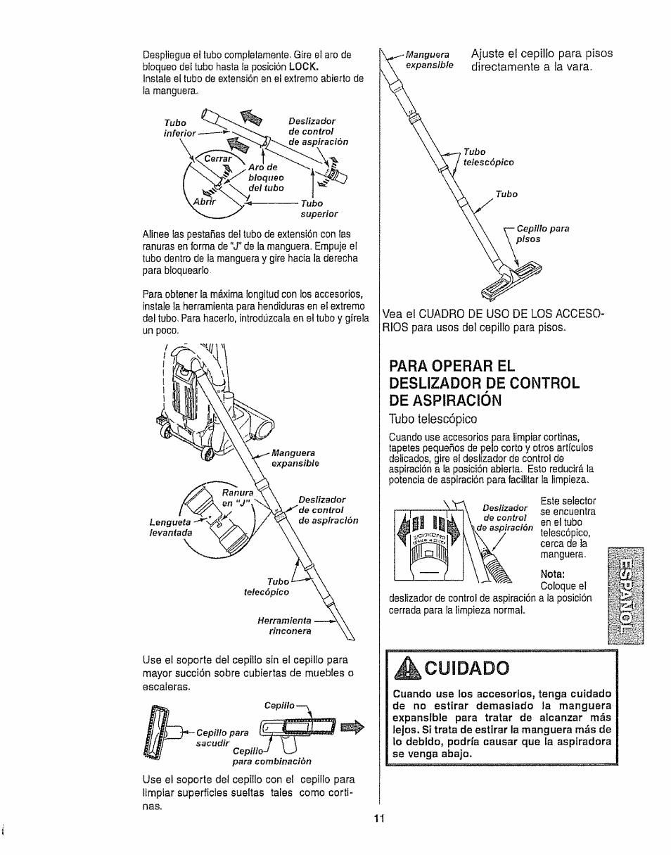 Para operar el deslizador de control de aspiración, Nota, Cuidado | Kenmore 116.35923 User Manual | Page 33 / 44