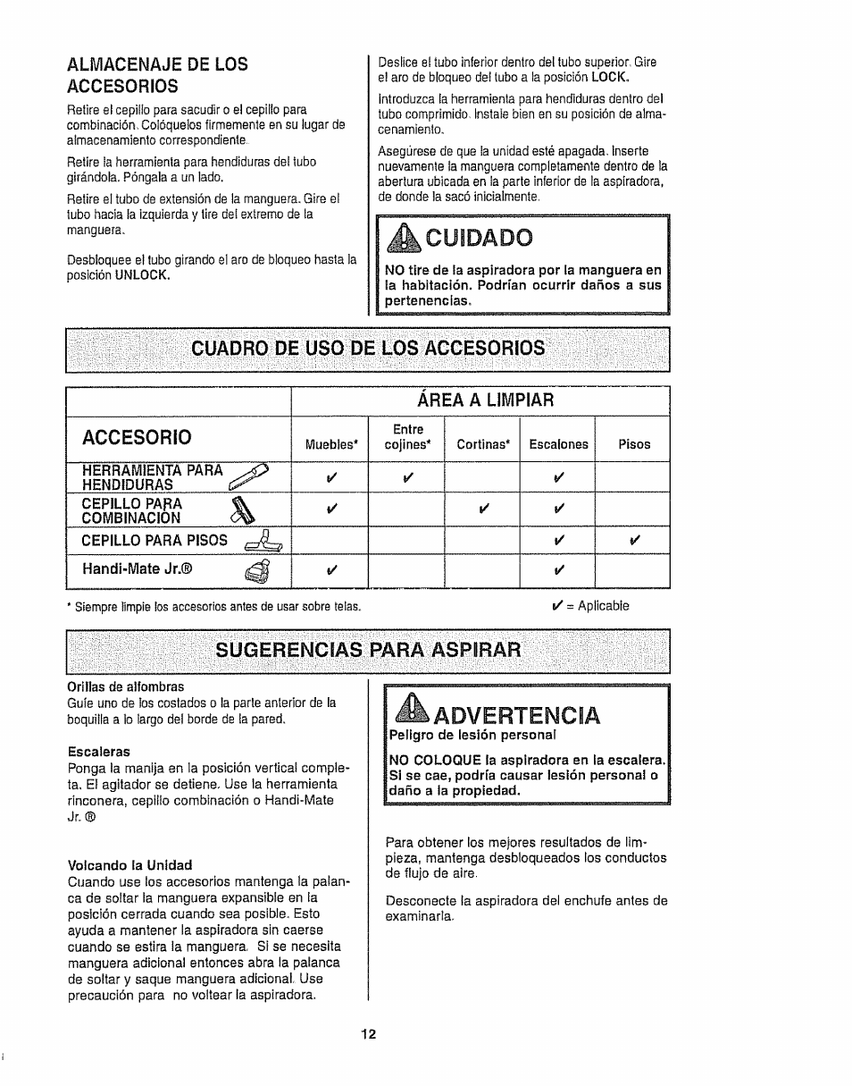 Almacenaje de los accesorios, Cuadro de uso de los accesorios, Sugerencias para aspirar | Escaleras, Volcando la unidad, Advertencia, Cuidado | Kenmore 116.35923 User Manual | Page 34 / 44