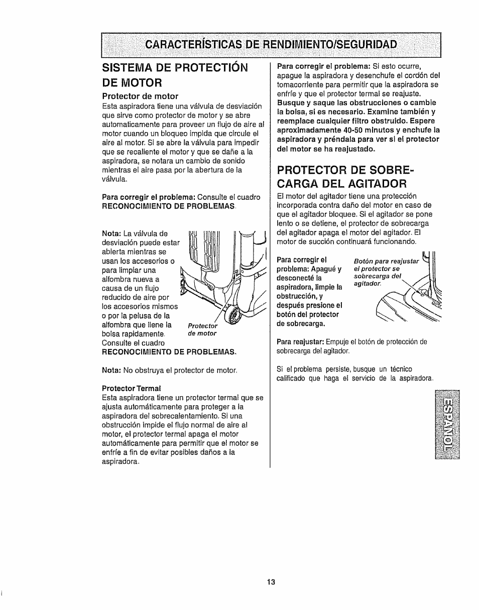 Caracteristicas de rendimiento/seguridad, Sistema de protectión de motor, Protector de motor | Protector de sobrecarga del agitador, Protector de sobre­ carga del agitador | Kenmore 116.35923 User Manual | Page 35 / 44