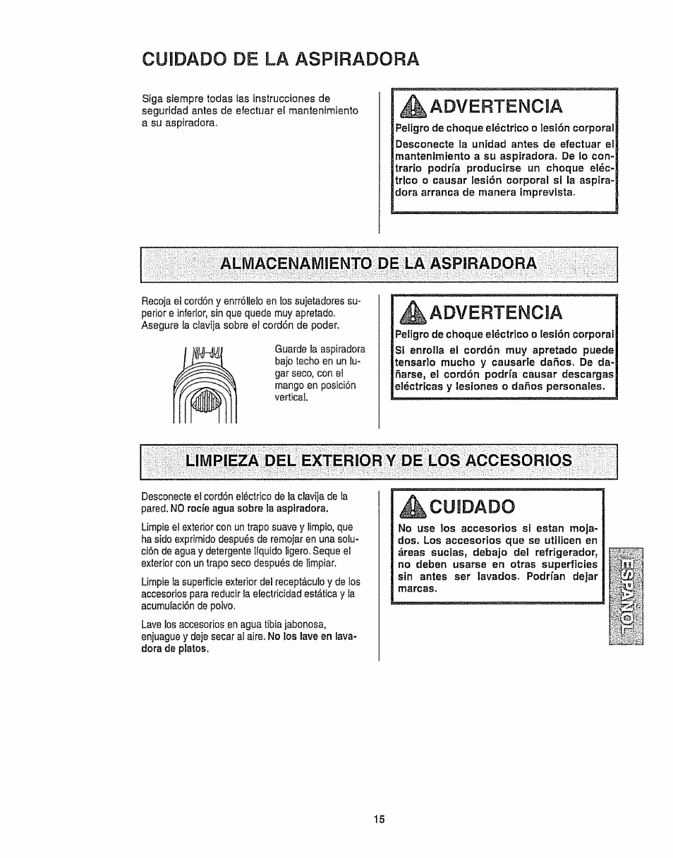 Cuidado de la aspiradora, Almacenamiento de la aspiradora, Limpieza del exterior y de los accesorios | Advertencia, Cuidado | Kenmore 116.35923 User Manual | Page 37 / 44