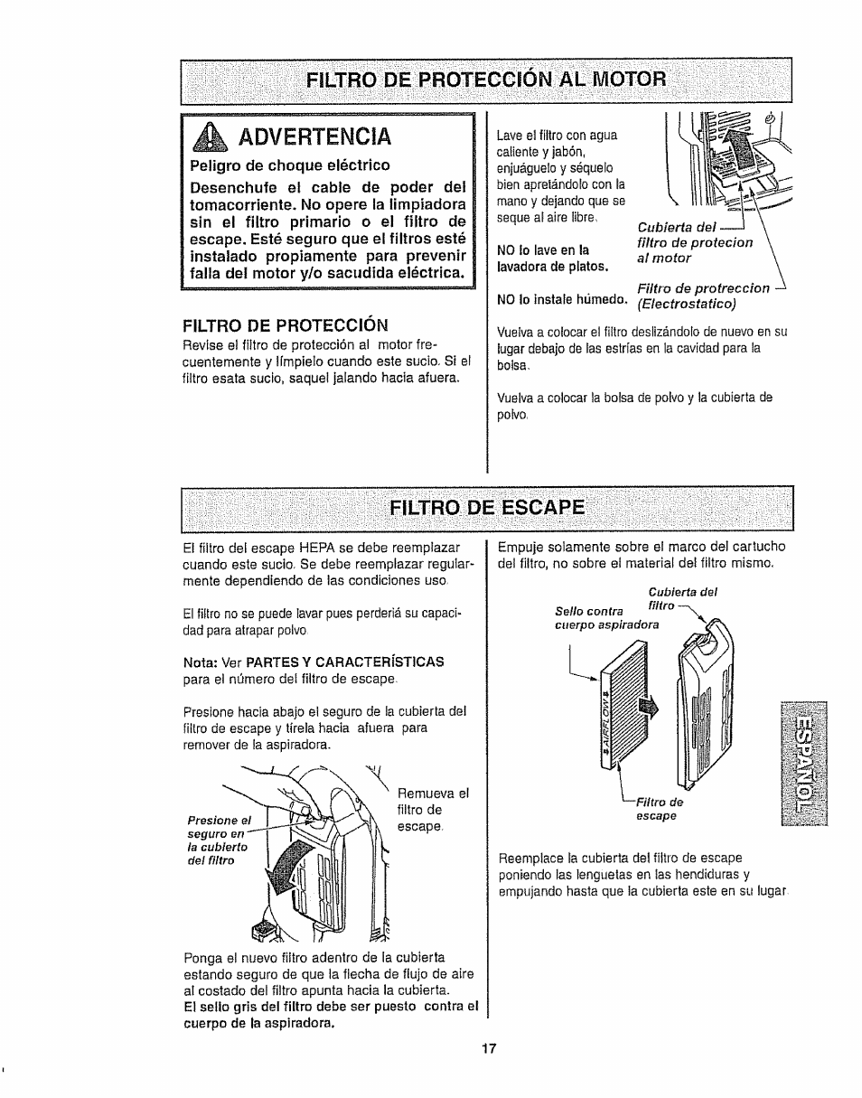 Filtro de protección al wiotor, A advertencia, Filtro de proteccion | Filtro de escape, Advertencia | Kenmore 116.35923 User Manual | Page 39 / 44