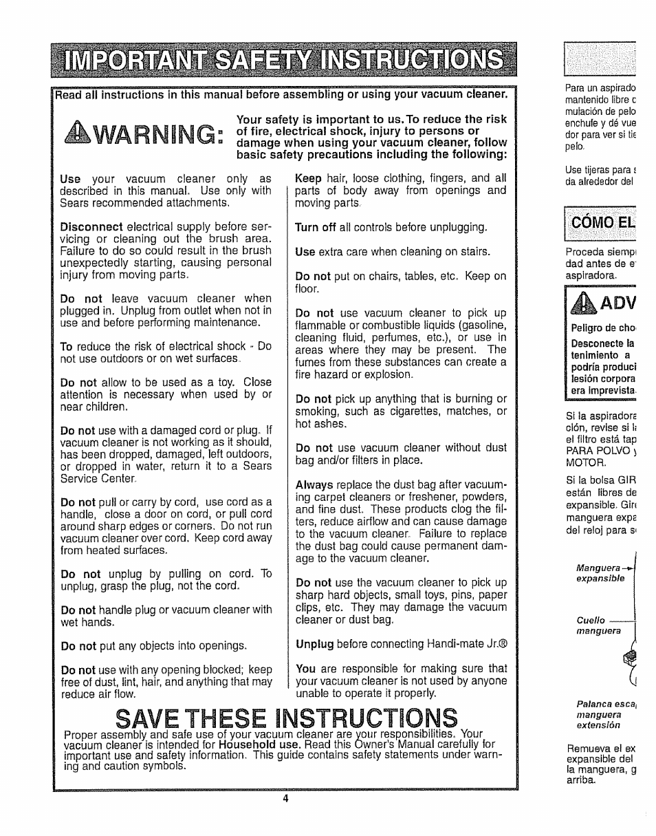 Como el, Warning, Save these instructions | Kenmore 116.35923 User Manual | Page 4 / 44