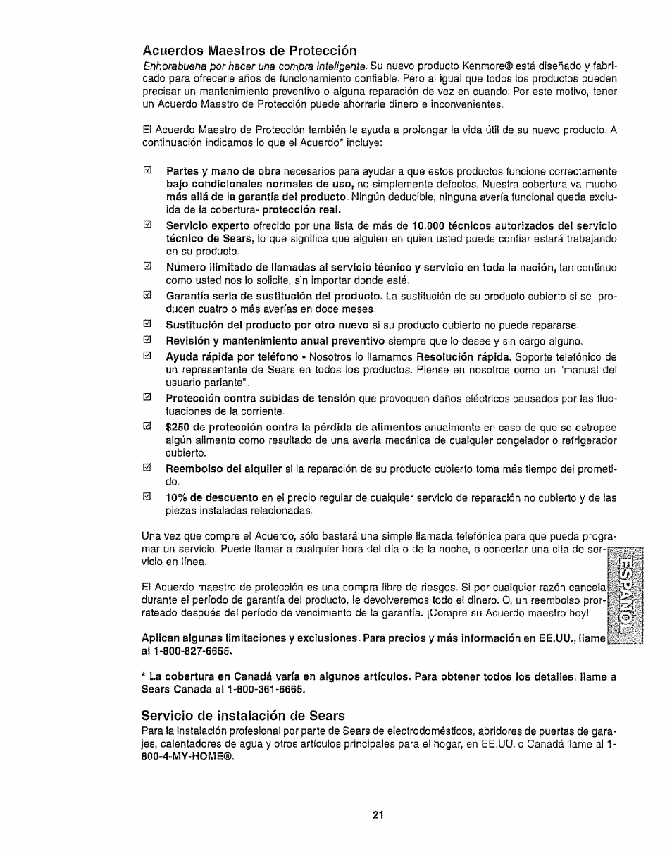 Acuerdos maestros de protección, Servicio de instalación de sears | Kenmore 116.35923 User Manual | Page 43 / 44