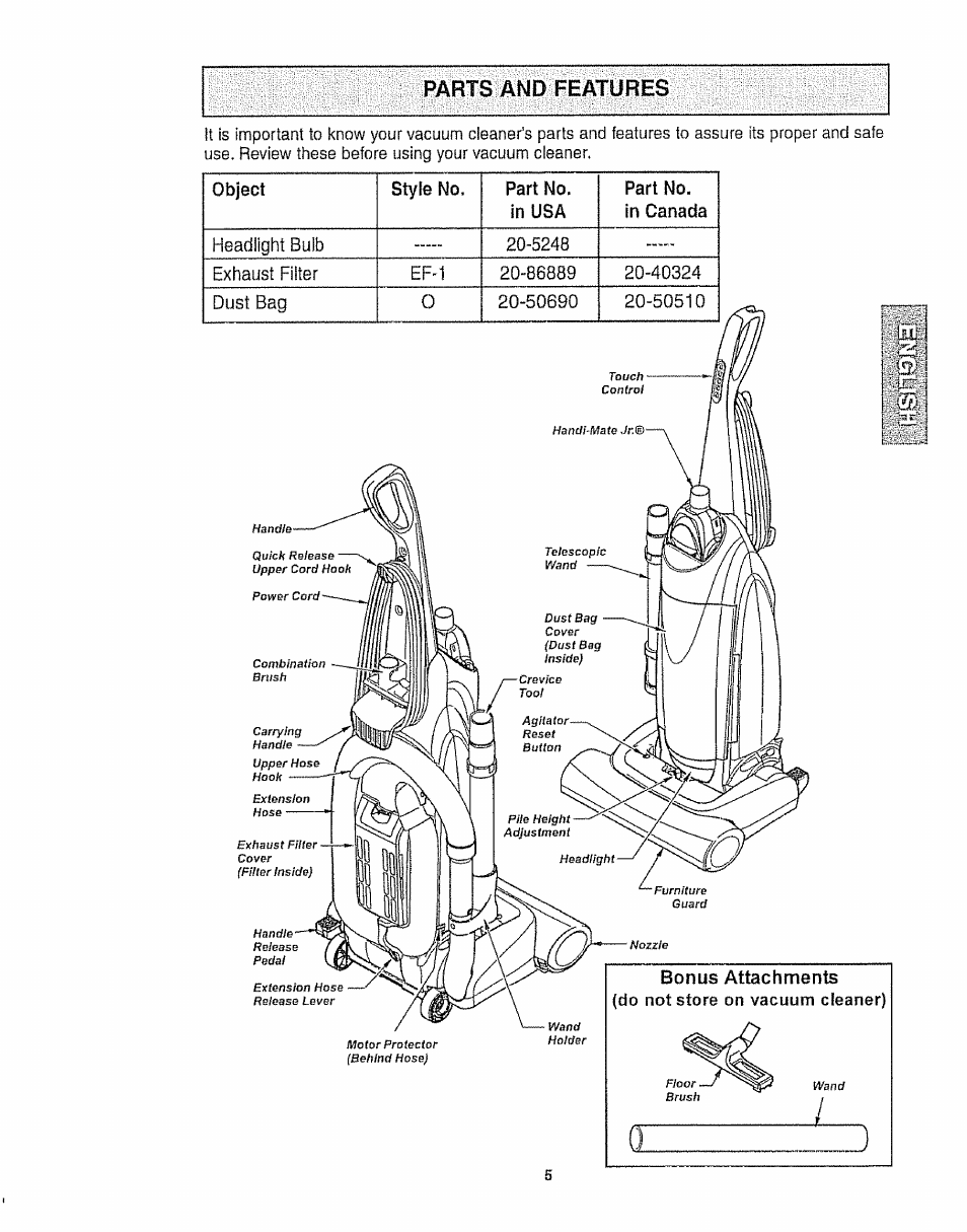 Parts and features | Kenmore 116.35923 User Manual | Page 5 / 44