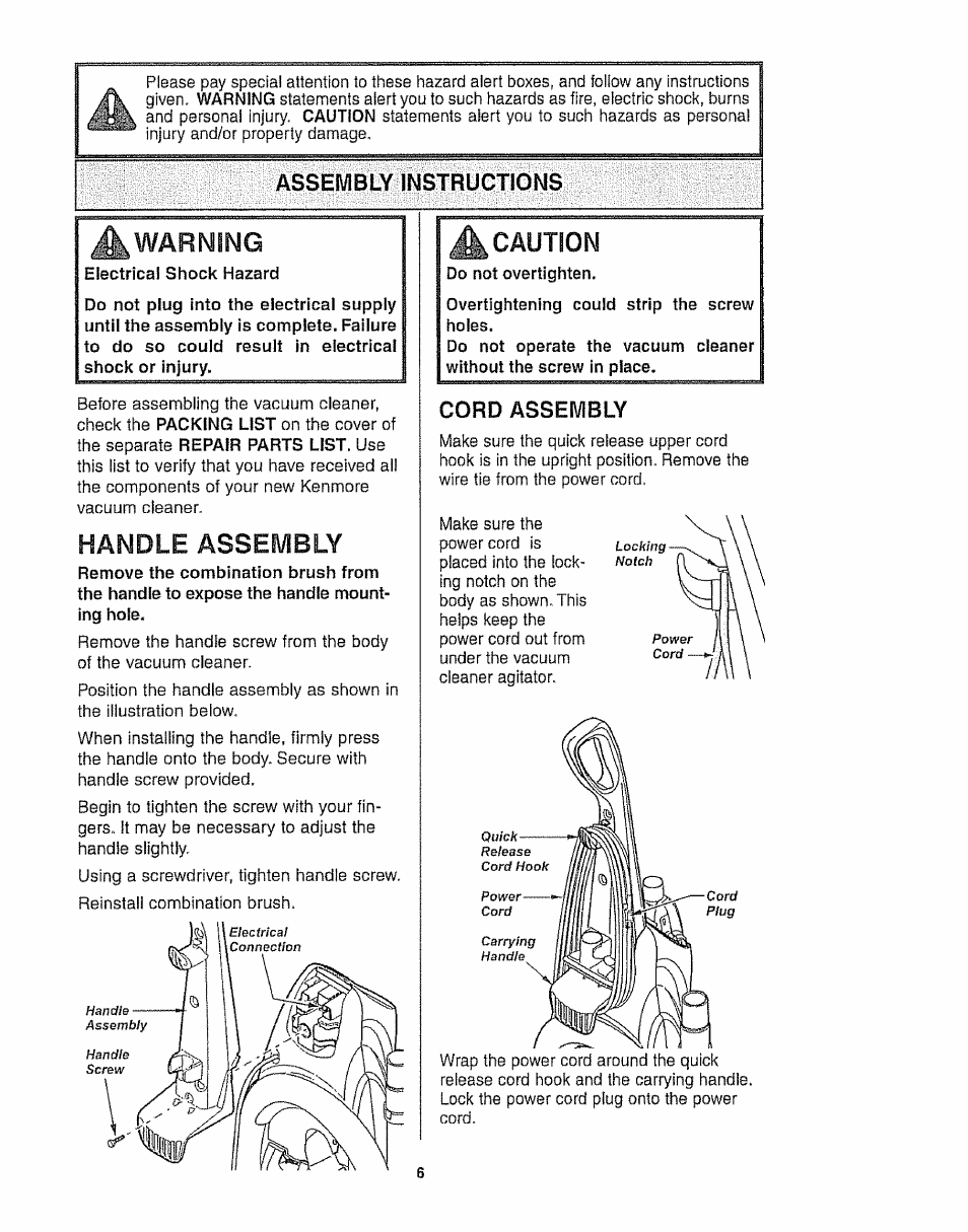 Assembly instructions, Warning, Handle assembly | A caution, Cord assembly, Caution | Kenmore 116.35923 User Manual | Page 6 / 44