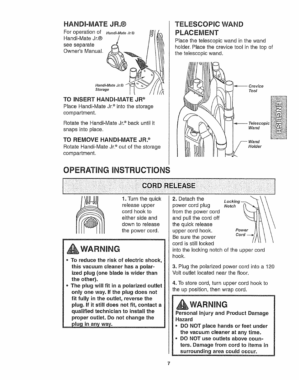 Handi-mate jr, To jnsert handi-mate jr, To remove handi-mate jr | Operating instructions, Telescopic wand placement, Cord release, Warning | Kenmore 116.35923 User Manual | Page 7 / 44