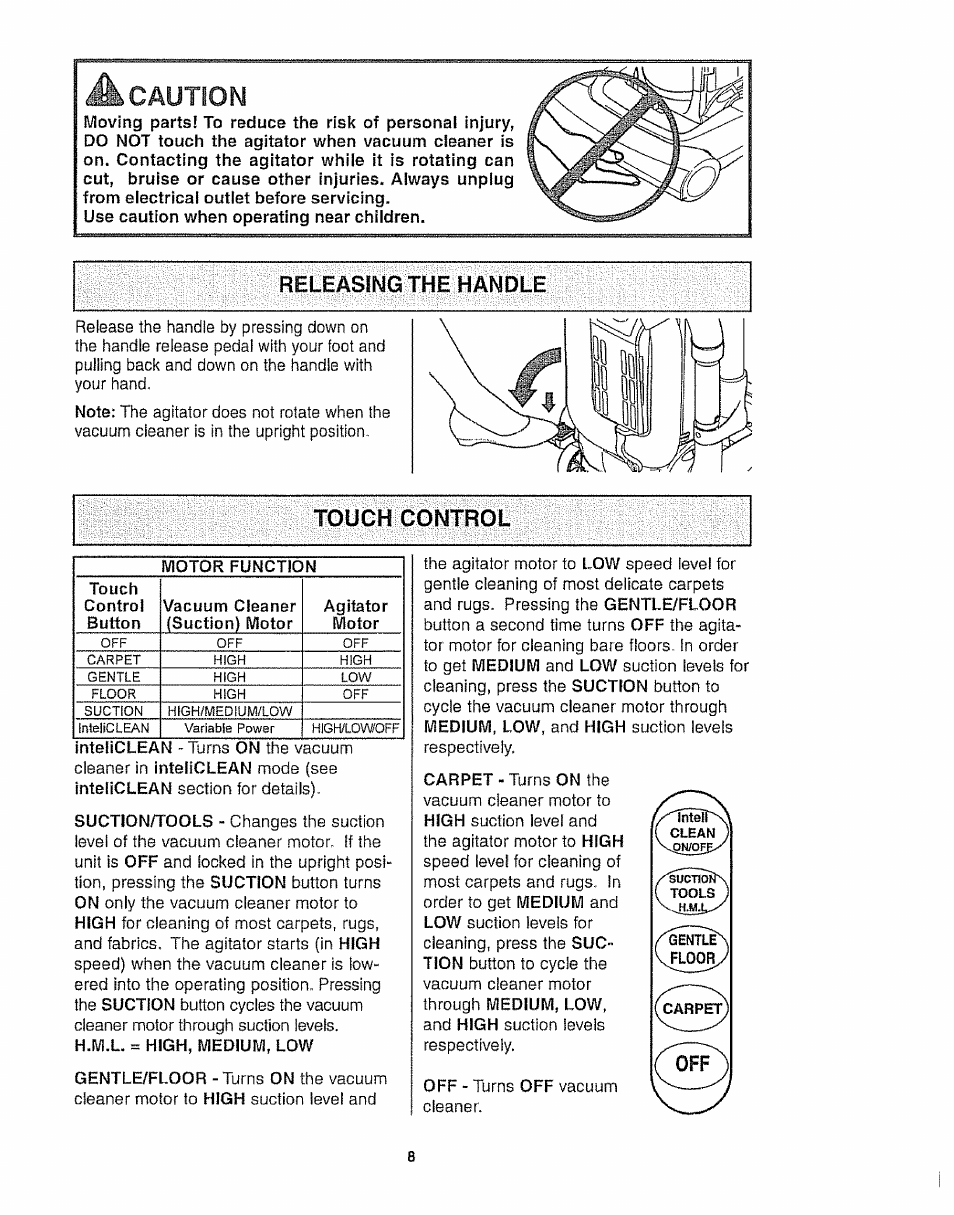 Releasing the handle, Touch control, H.m.l. = high, medium, low | Caution | Kenmore 116.35923 User Manual | Page 8 / 44