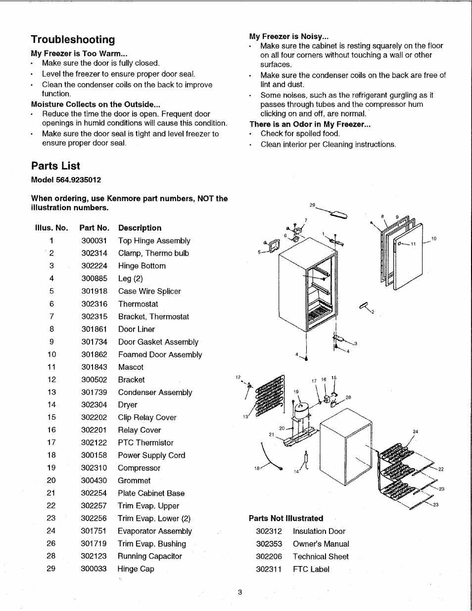 Troubleshooting, My freezer is noisy, Parts list | Model 564.9235012, Parts not illustrated | Kenmore 23501 User Manual | Page 3 / 4