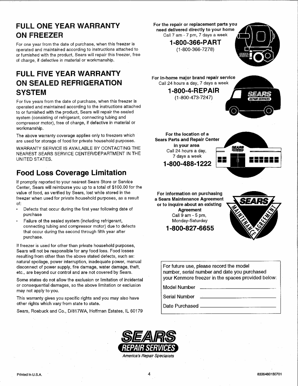 Full one year warranty, On freezer, Food loss coverage limitation | 800-366-part, 800-4-repair, Full one year warranty on freezer, Repair services | Kenmore 23501 User Manual | Page 4 / 4