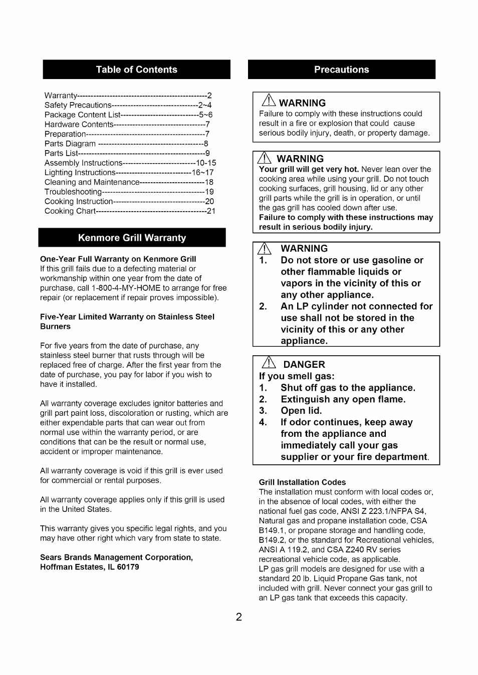 Kenmore grill warranty | Kenmore 122.1613411 User Manual | Page 2 / 22