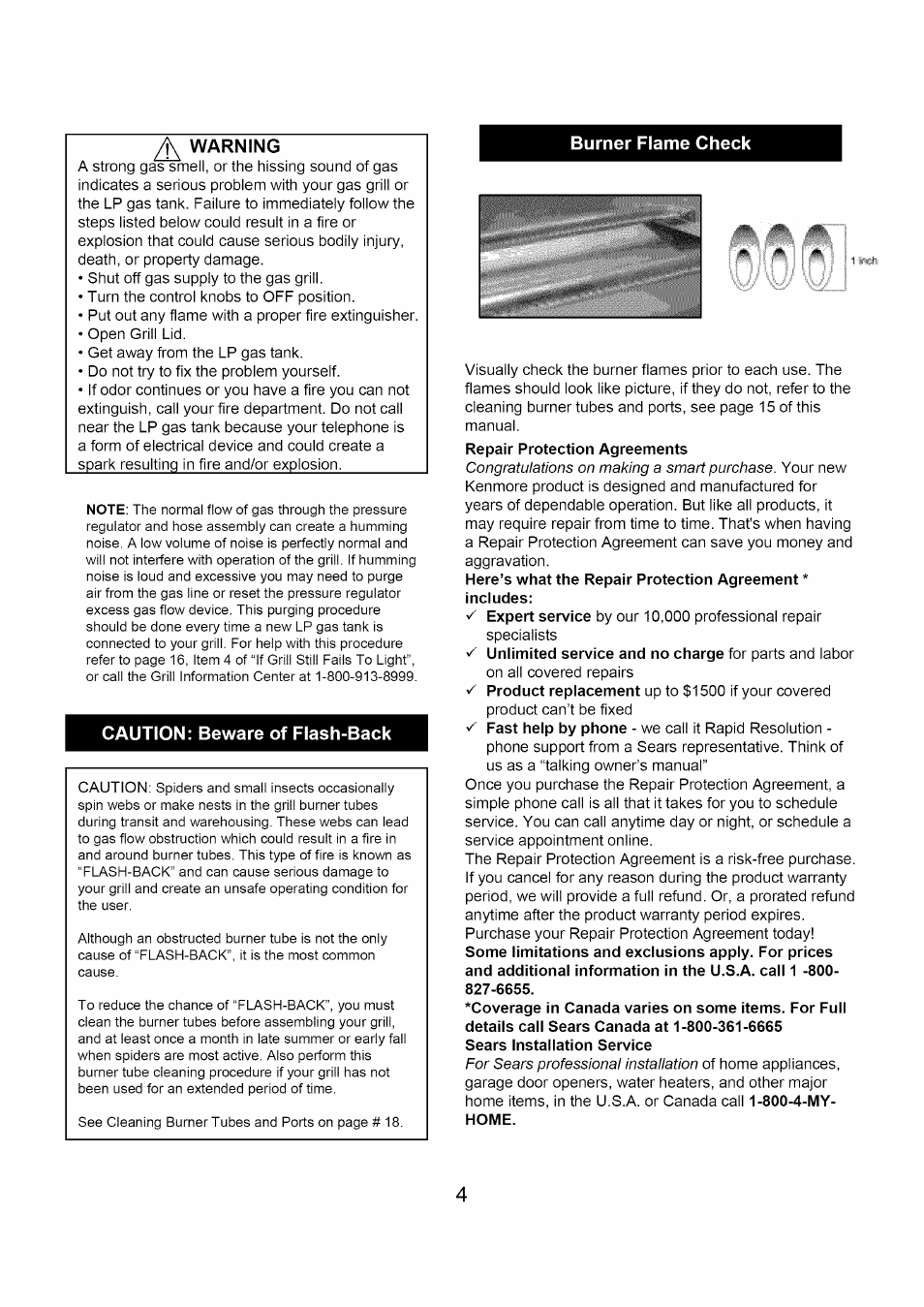 Warning, Caution: beware of flash-back, Burner flame check | Kenmore 122.1613411 User Manual | Page 4 / 22