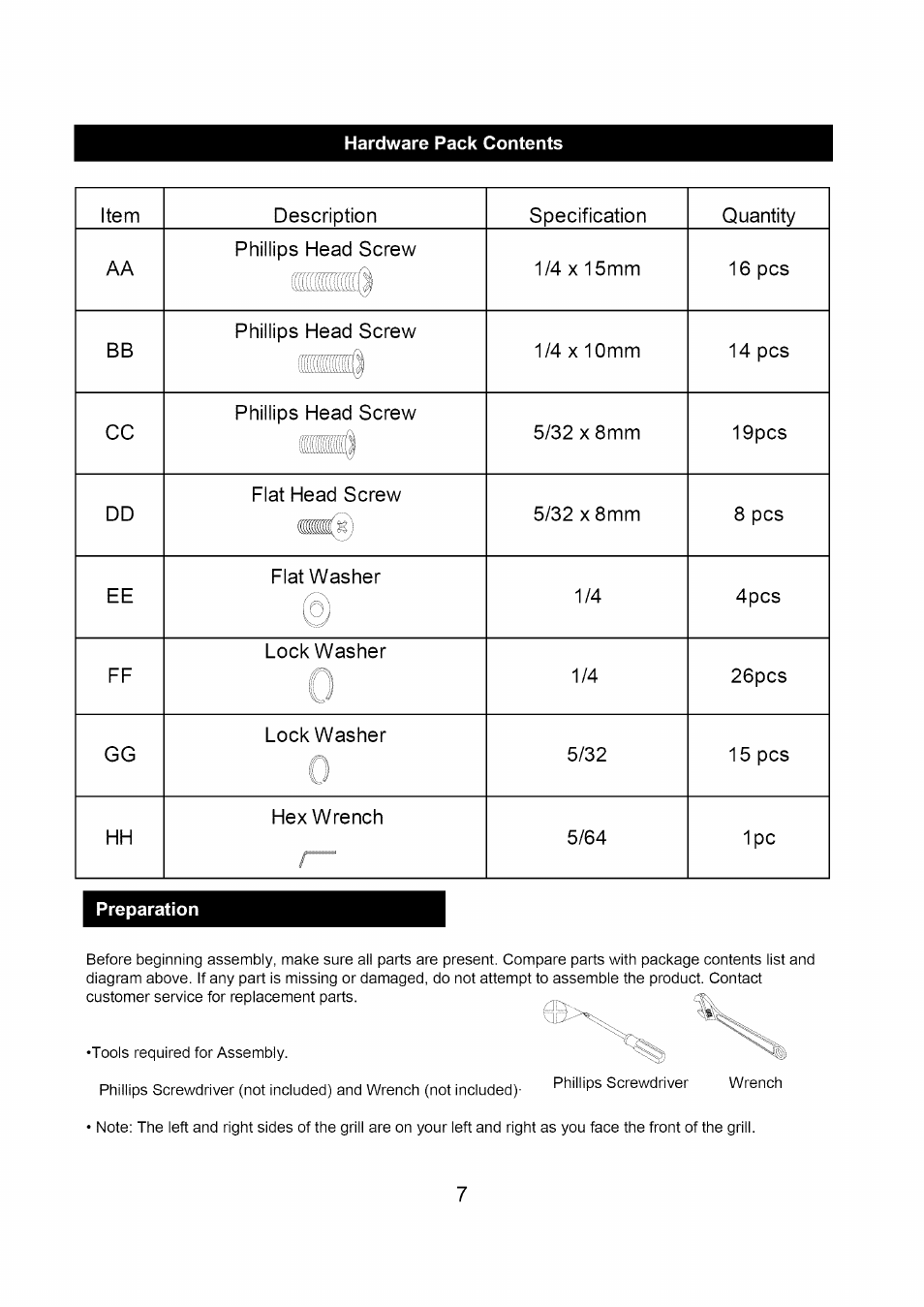 Hardware pack contents, Preparation, Hardware contents preparation | Kenmore 122.1613411 User Manual | Page 7 / 22