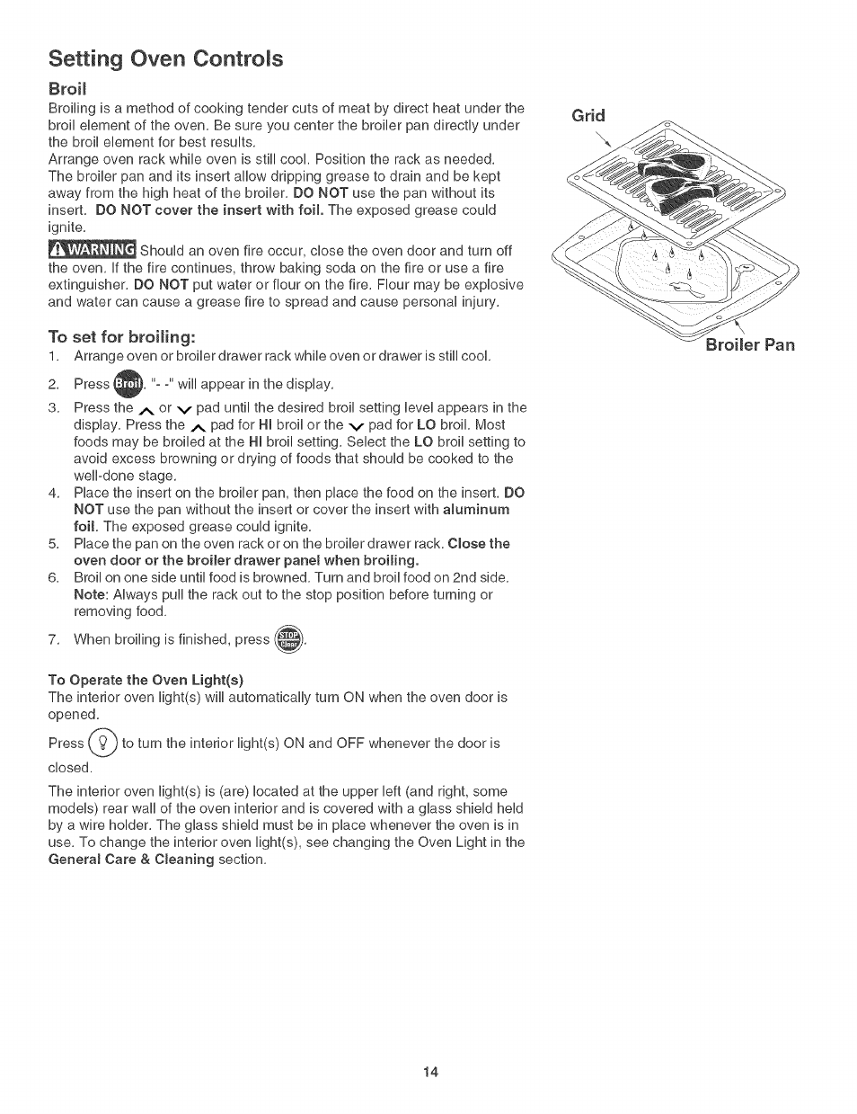 Setting owen controls, Broil, Grid broiler pan | Kenmore 790. 3017 User Manual | Page 14 / 26