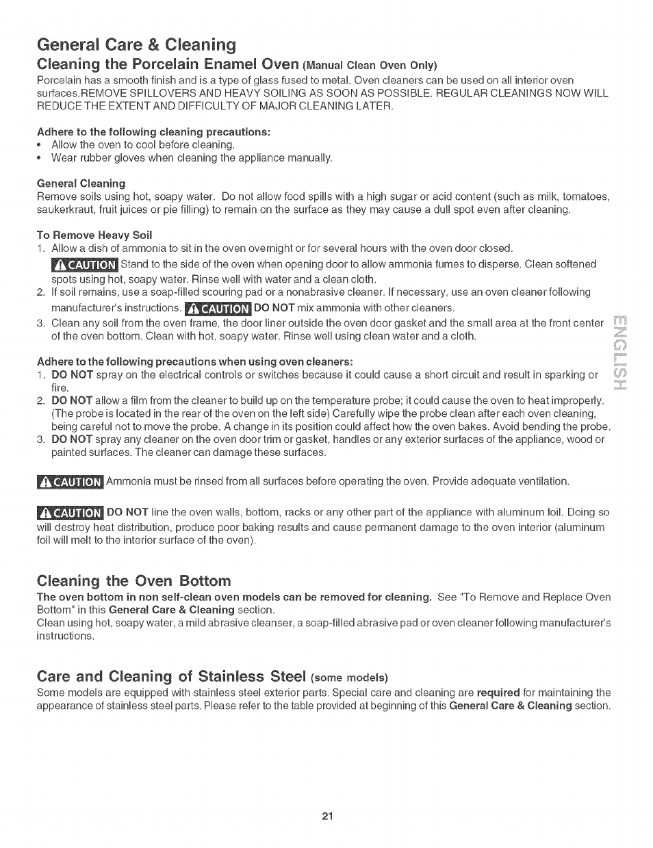 Cleaning the porcelain enamel 0¥en, General care & cleaning, Cleaning the owen bottom | Care and cleaning of stainless steel | Kenmore 790. 3017 User Manual | Page 21 / 26