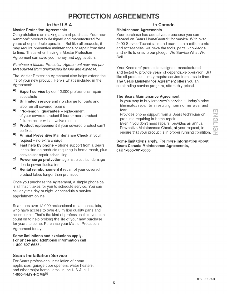 Protection agreements, Sears instailation service | Kenmore 790. 3017 User Manual | Page 5 / 26