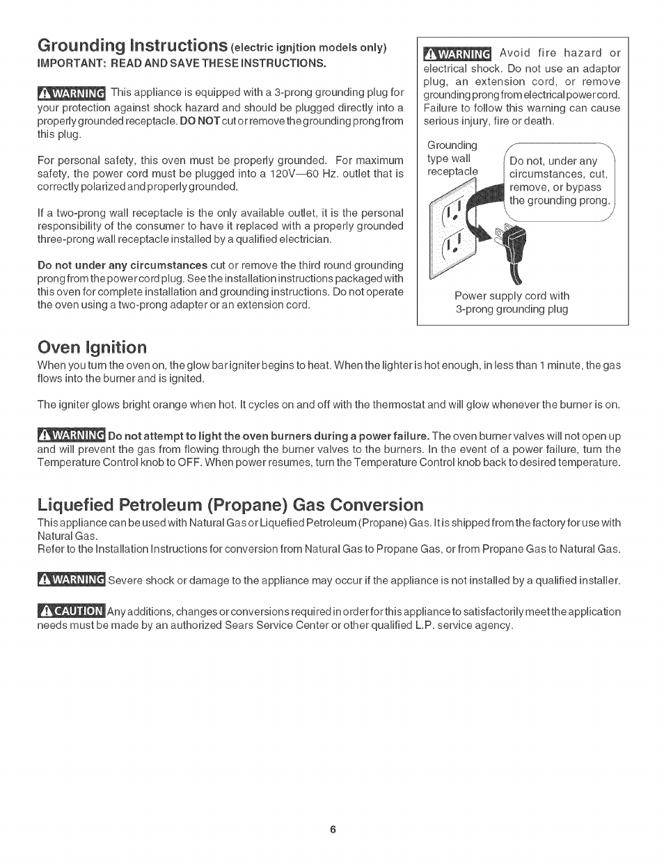 Grounding instructions, Owen ignition, Liquefied petroleum (propane) gas conversion | Kenmore 790. 3017 User Manual | Page 6 / 26