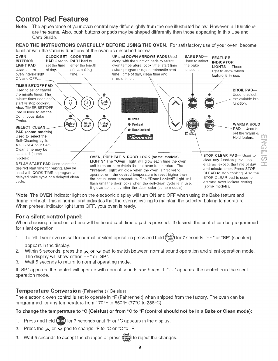 Control pad features, For a slient control panel, Temperature conversion | Kenmore 790. 3017 User Manual | Page 9 / 26