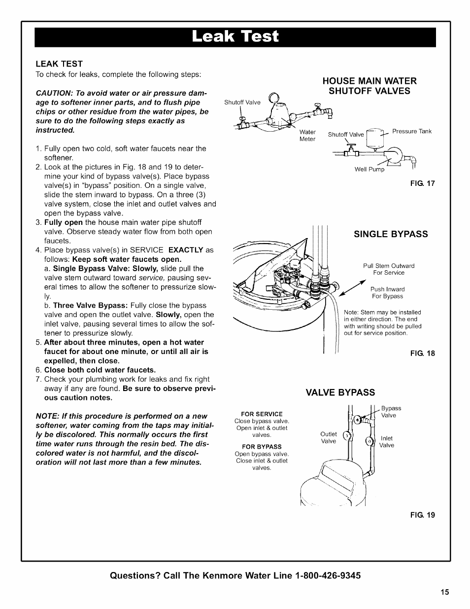 Leak test, House main water, Valve bypass | Kenmore 625.38356 User Manual | Page 15 / 48